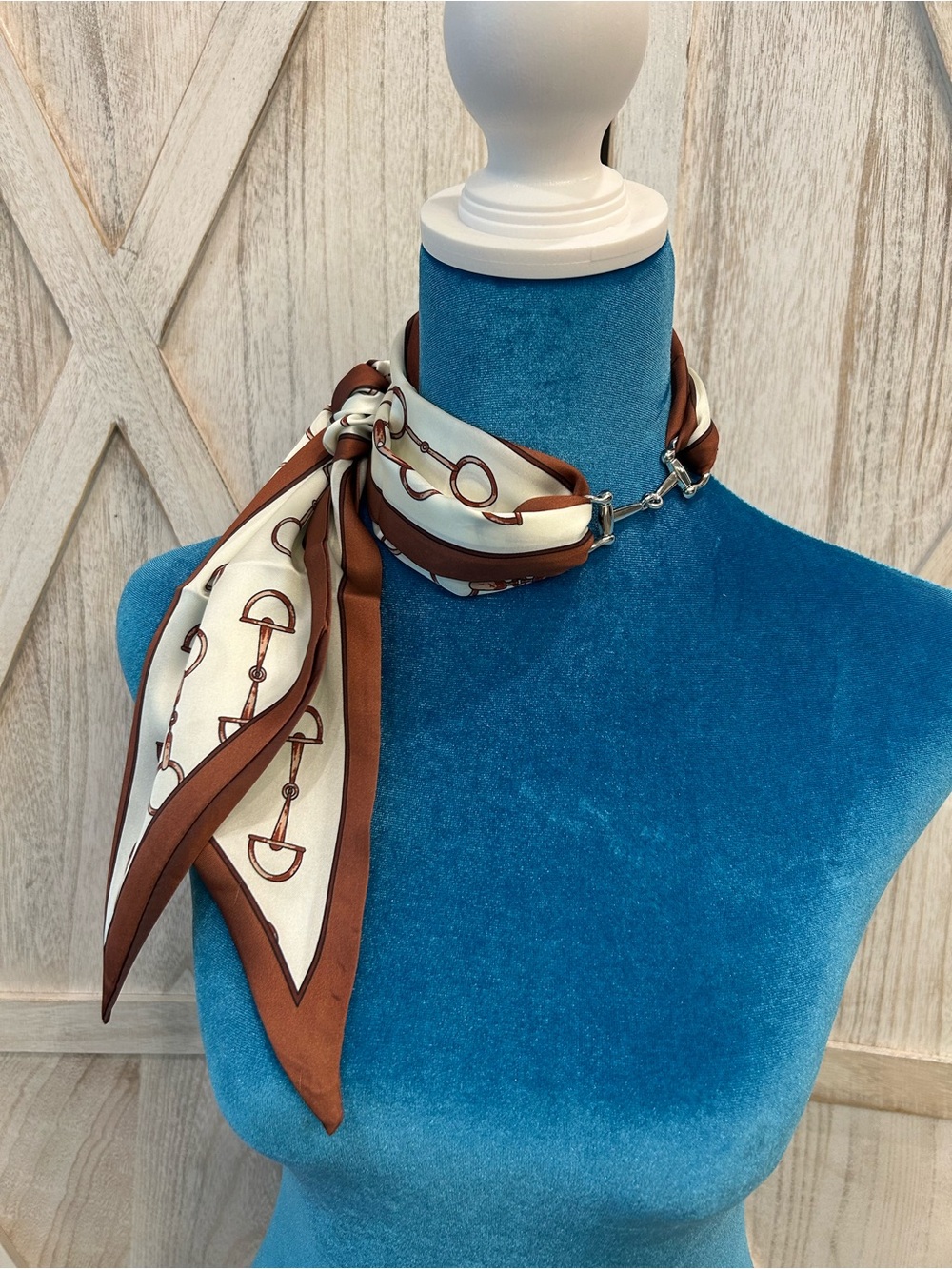 Silky Equine Print Neck Scarf in Brown and Cream with Snaffle Bit Charm
